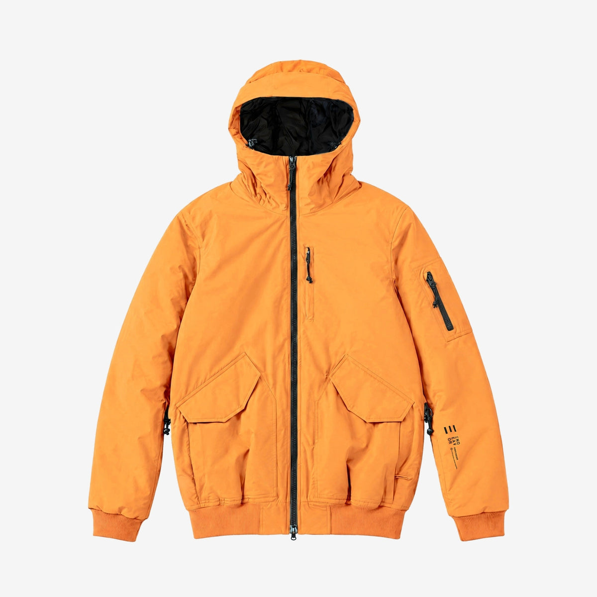 Endeavor 2L Bomber Jacket in Squirrel, front flat lay with the END/EAV/OR print on the left forearm