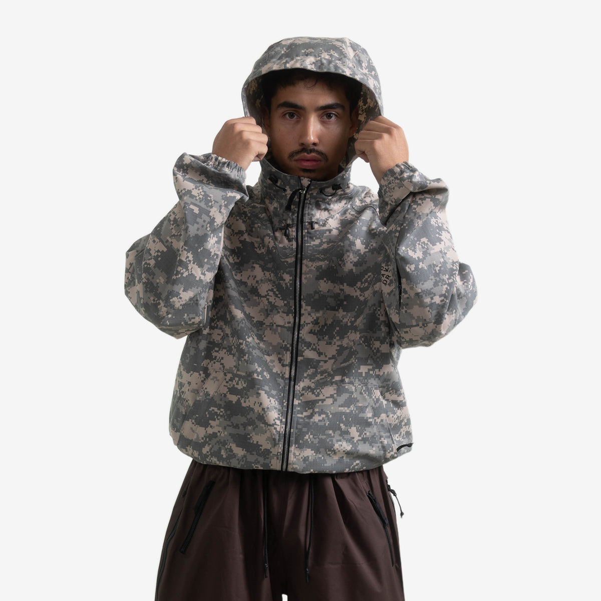 Endeavor 20K Windbreaker Limited Edition in Digi Ripstop Canvas, worn with the hood up