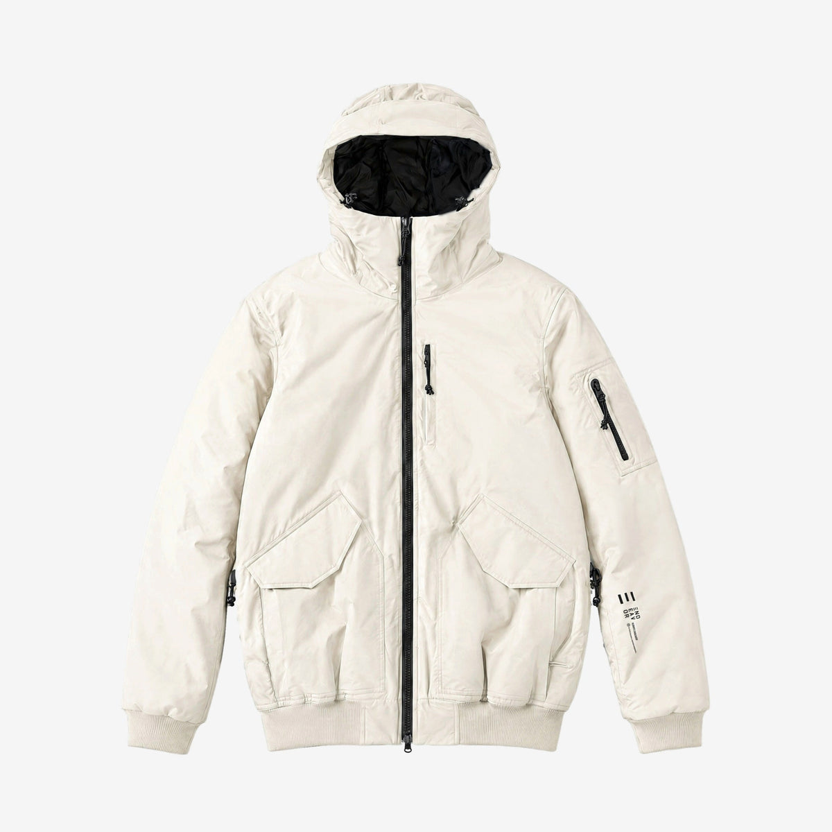 Endeavor 2L Bomber Jacket in Fiber, front flat lay with the END/EAV/OR print on the left forearm