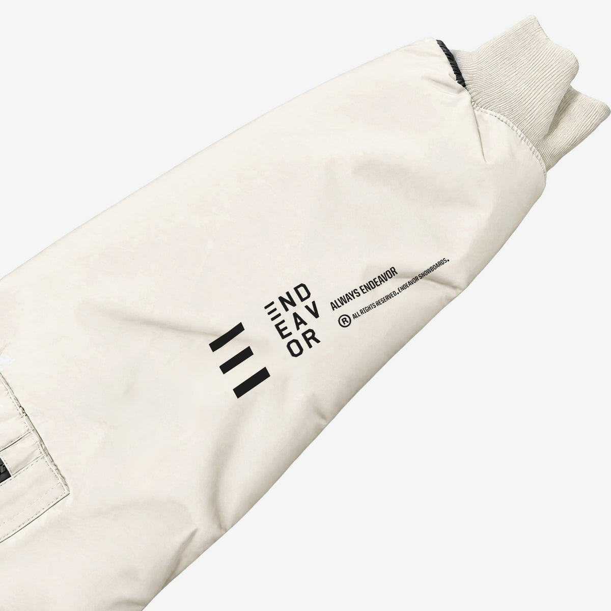 Endeavor 2L Bomber Jacket in Fiber, END/EAV/OR and ALWAYS ENDEAVOR forearm print and rib-knit cuff