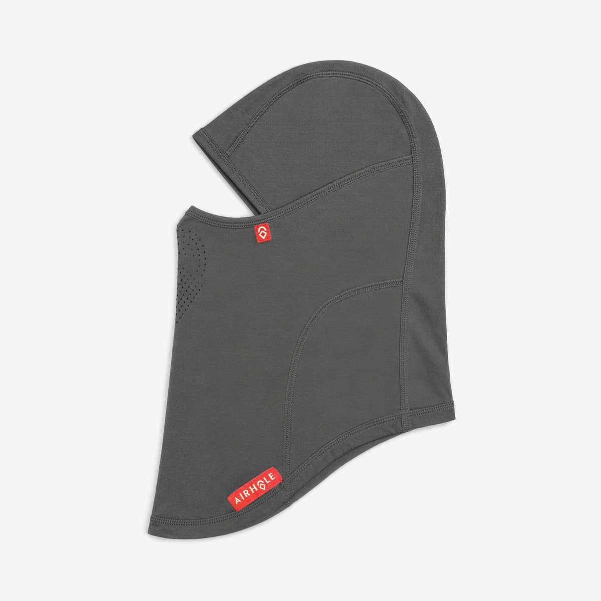 Airhole Laser Drytech Balaclava – Charcoal – Flat lay, labelled side