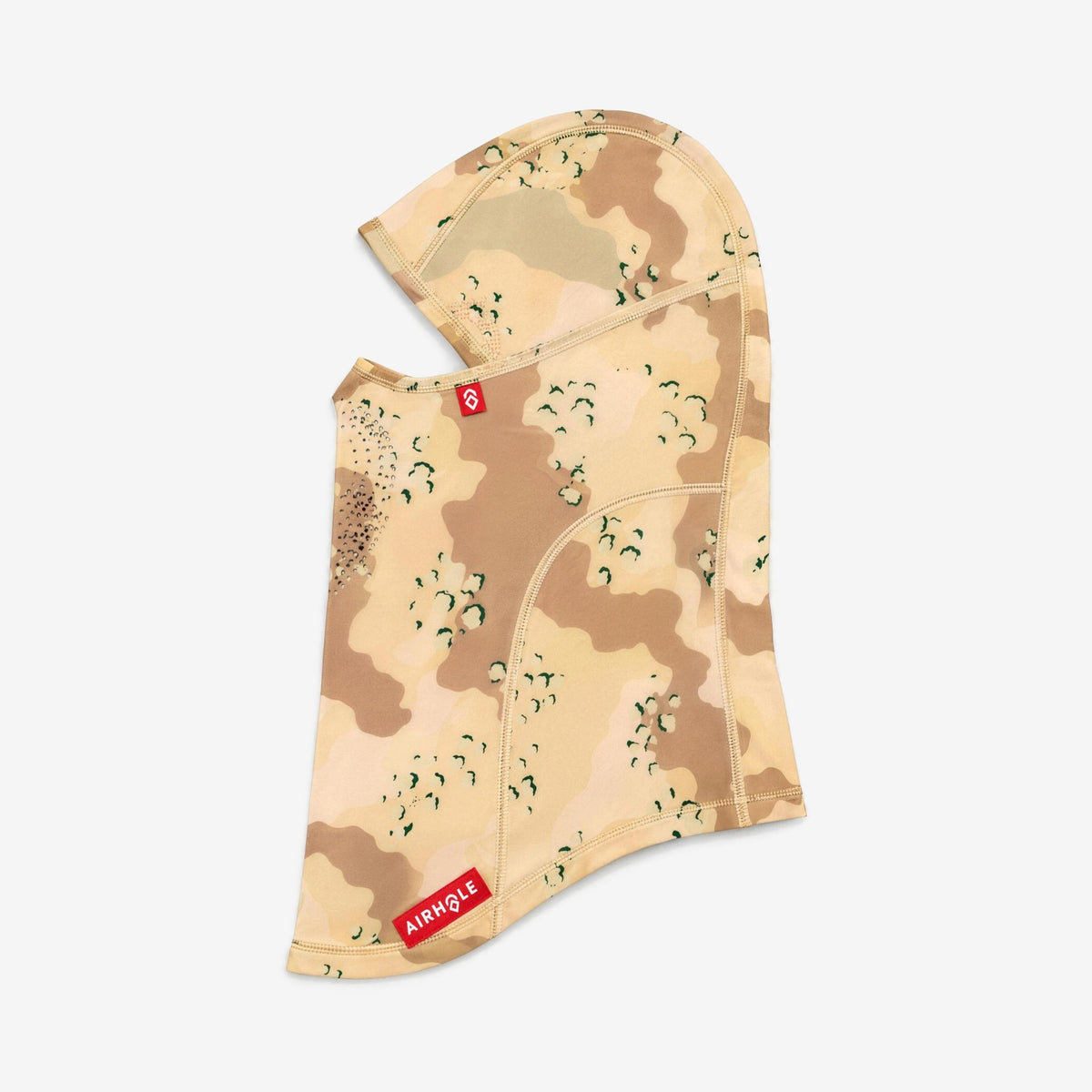 Airhole Laser Drytech Balaclava – Field Camo – Flat lay, labelled side