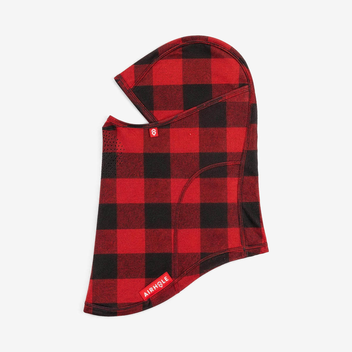 Airhole Laser Drytech Balaclava – Red Buffalo – Flat lay, labelled side
