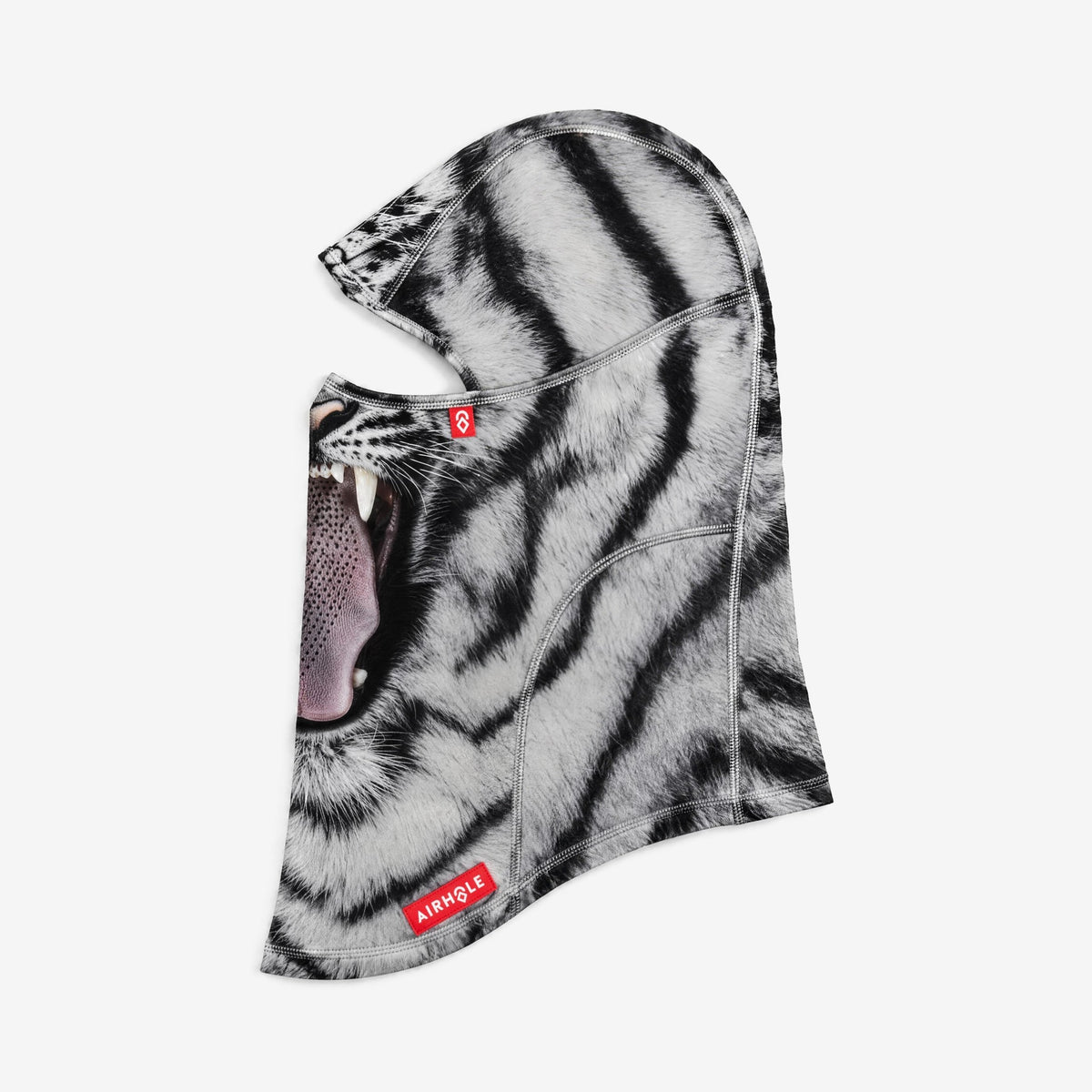 Airhole Laser Drytech Balaclava – Snow Tiger – Flat lay, labelled side