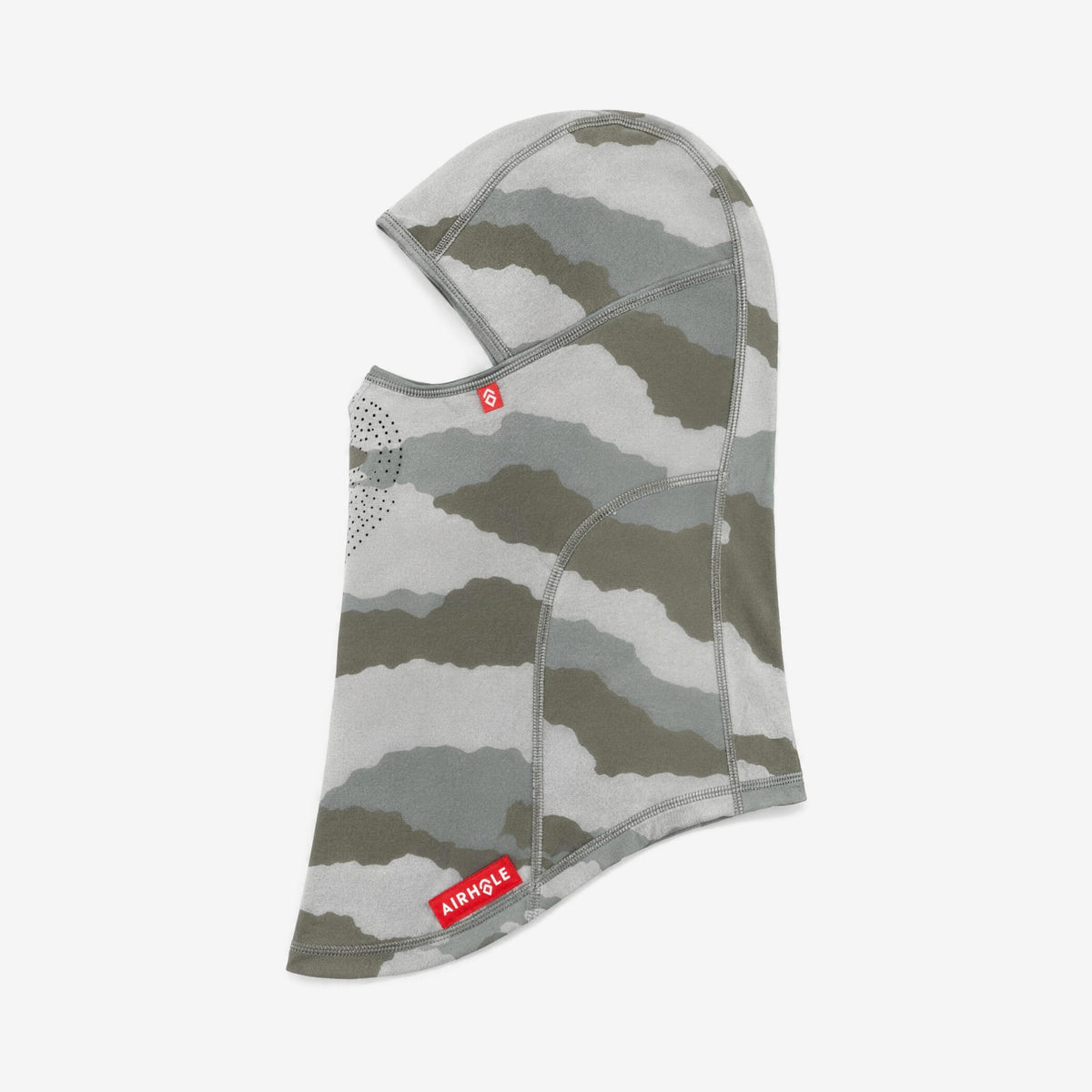 Airhole Laser Drytech Balaclava – Terra Camo – Flat lay, labelled side