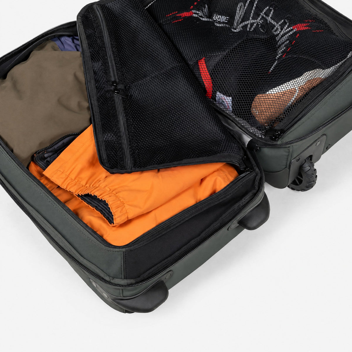 Endeavor Commuter Rolling Bag – Moss – open, packed