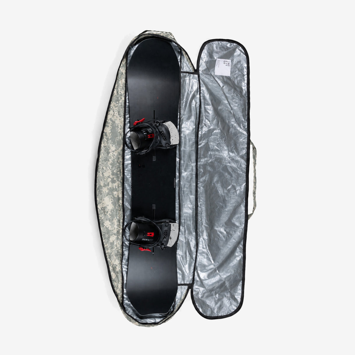 Endeavor Trail Lightweight Snowboard Bag in Digi Camo, open with board and bindings