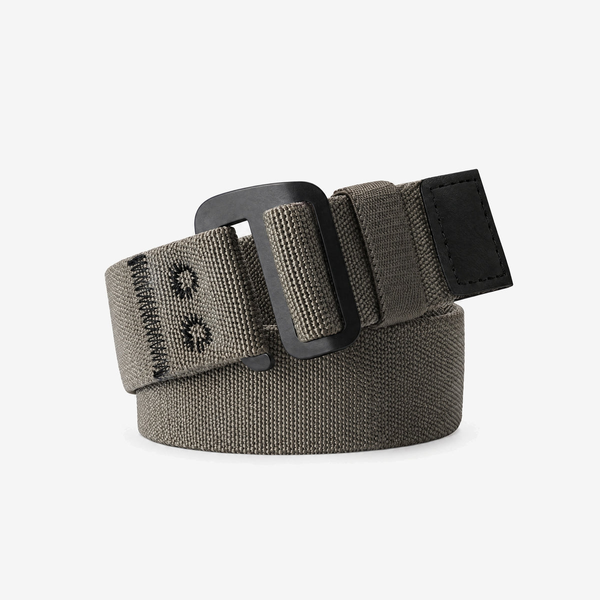 Endeavor Field Belt in Frost, stretch webbing coiled with the matte black metal hook buckle