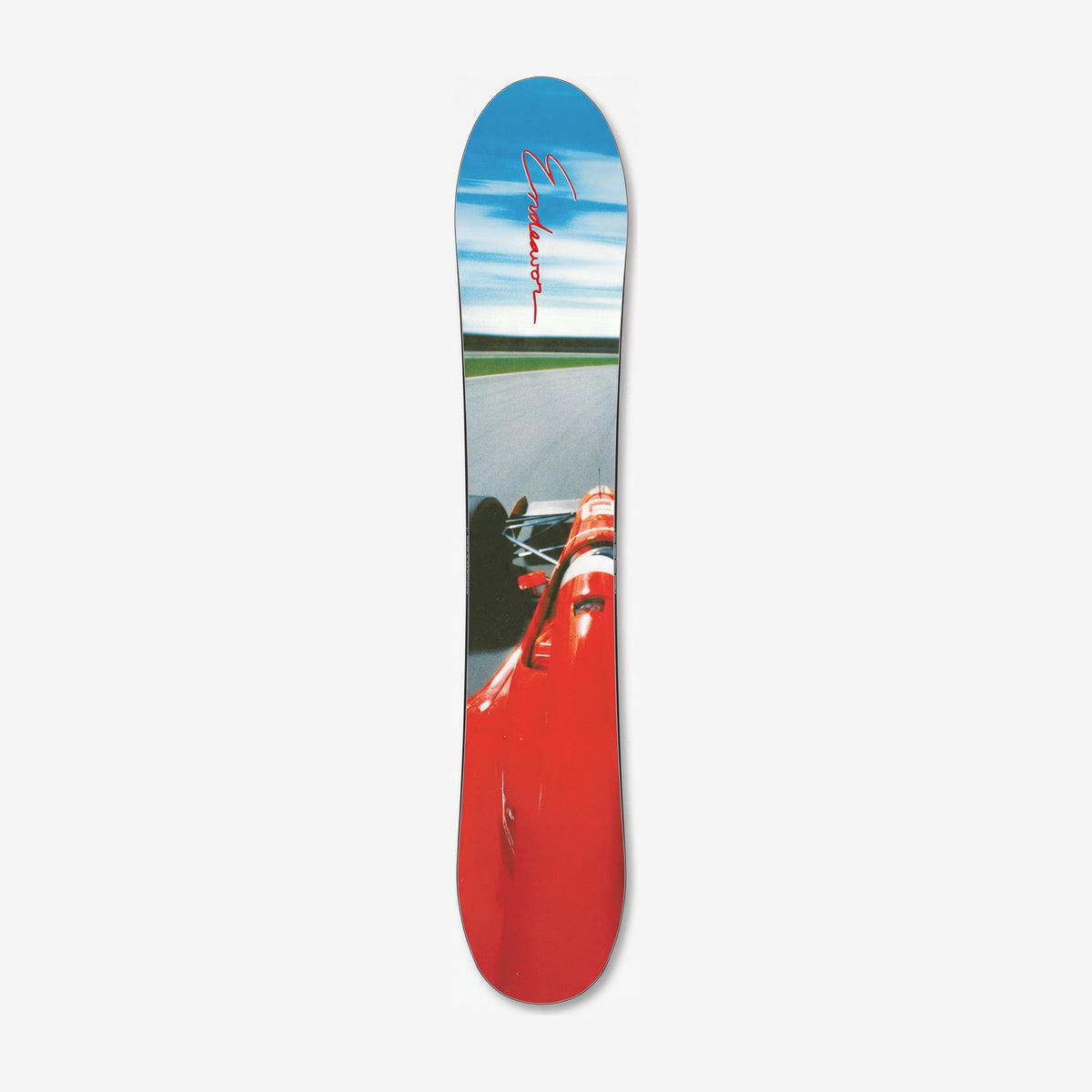 Endeavor Apollo snowboard, base: red race car on a track under a blue sky, with the Endeavor script logo