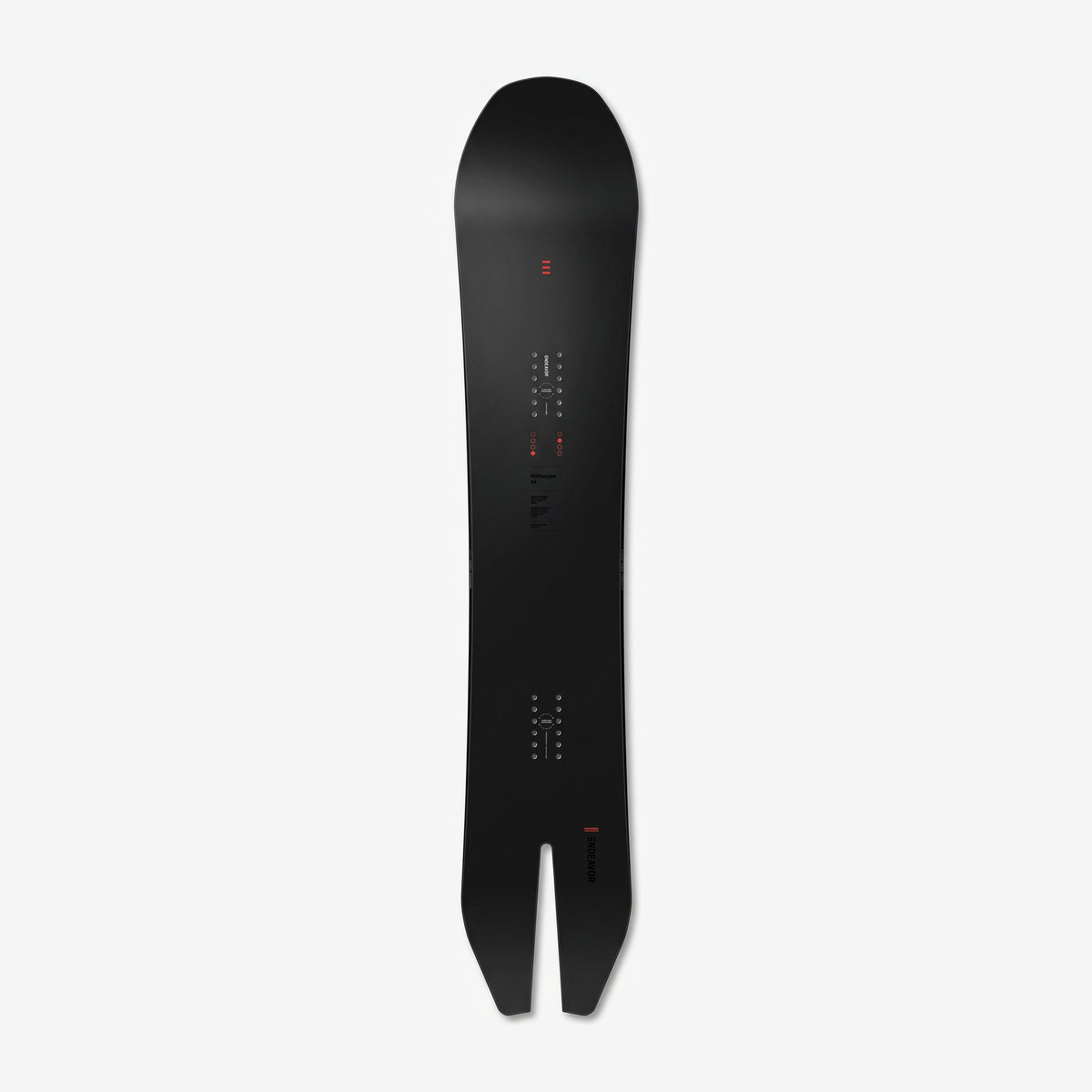 Endeavor Archetype Pro snowboard, topsheet: matte black Phonon top layer with red accent marks, insert packs and swallowtail