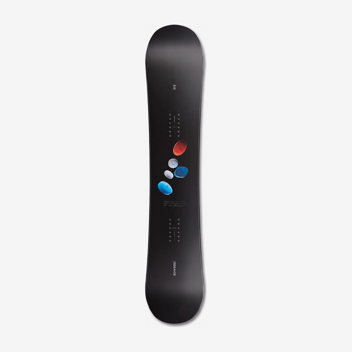 Endeavor B.O.D. snowboard, topsheet: black topsheet with red, blue and grey 3D pill shapes and insert packs