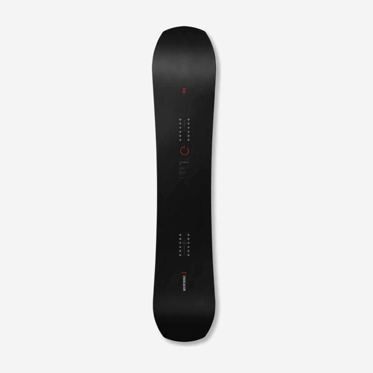 Endeavor Free Ranger Pro snowboard, topsheet: black topsheet with a red stance circle, insert packs and small grey spec text