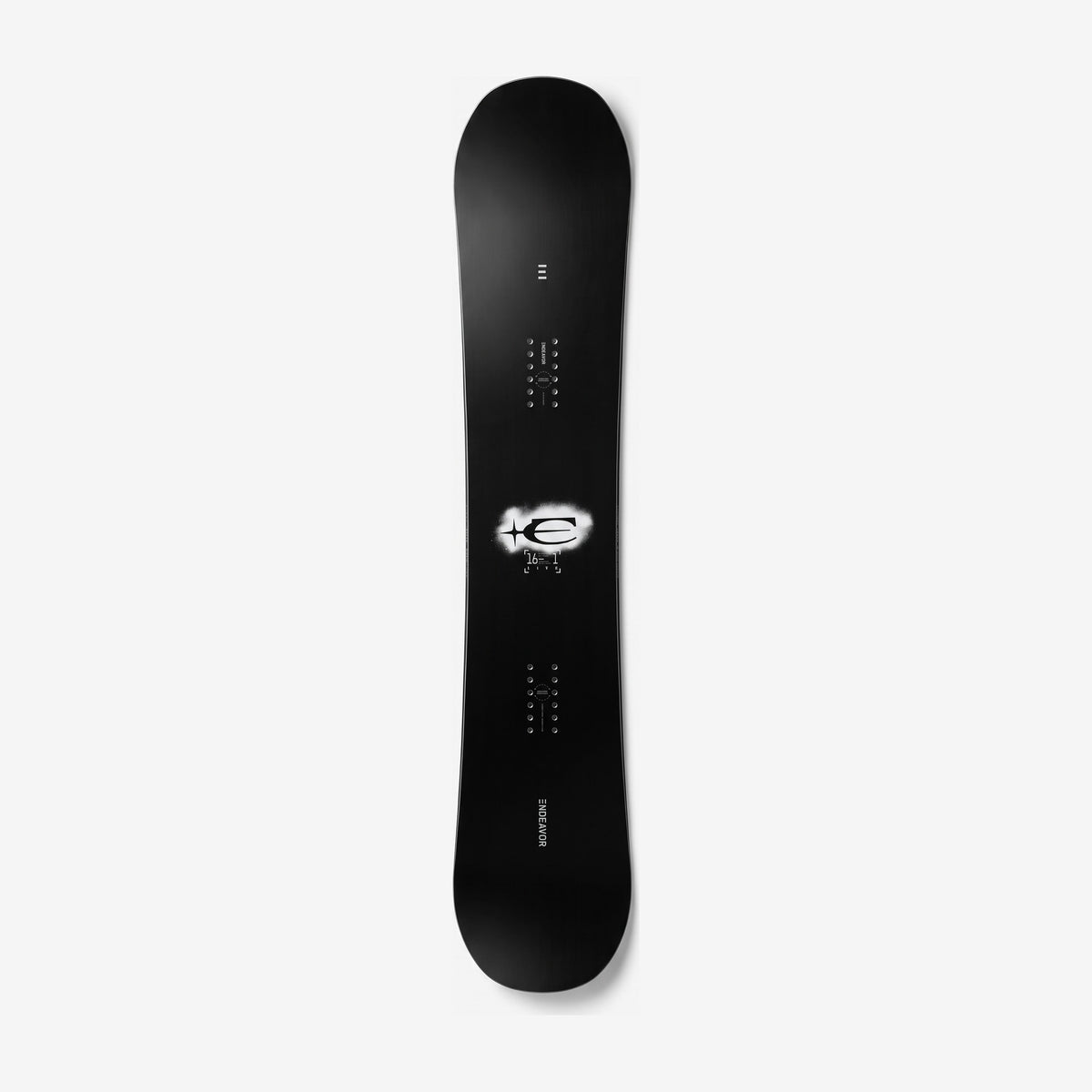 Endeavor Live snowboard, topsheet: black topsheet with the white spray-paint E and star logo, insert packs and ENDEAVOR wordmark