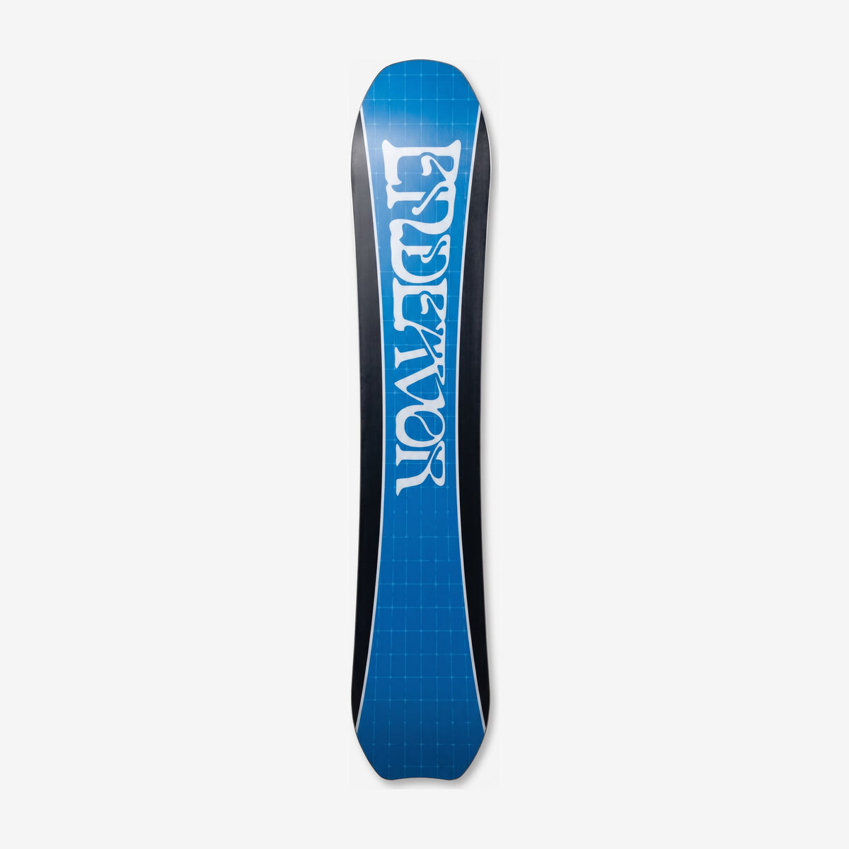 Endeavor Scout snowboard, base: bright blue base with a white ENDEAVOR wordmark and black side strips