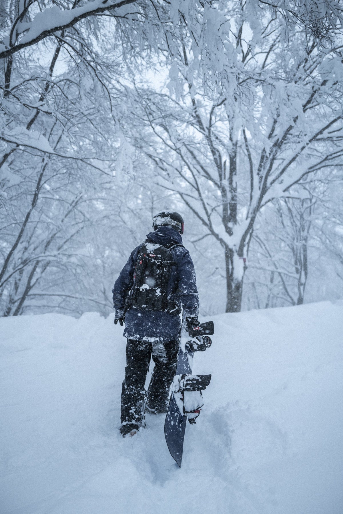 Rider walking toward a snow-covered lodge carrying an Endeavor snowboard, Japan