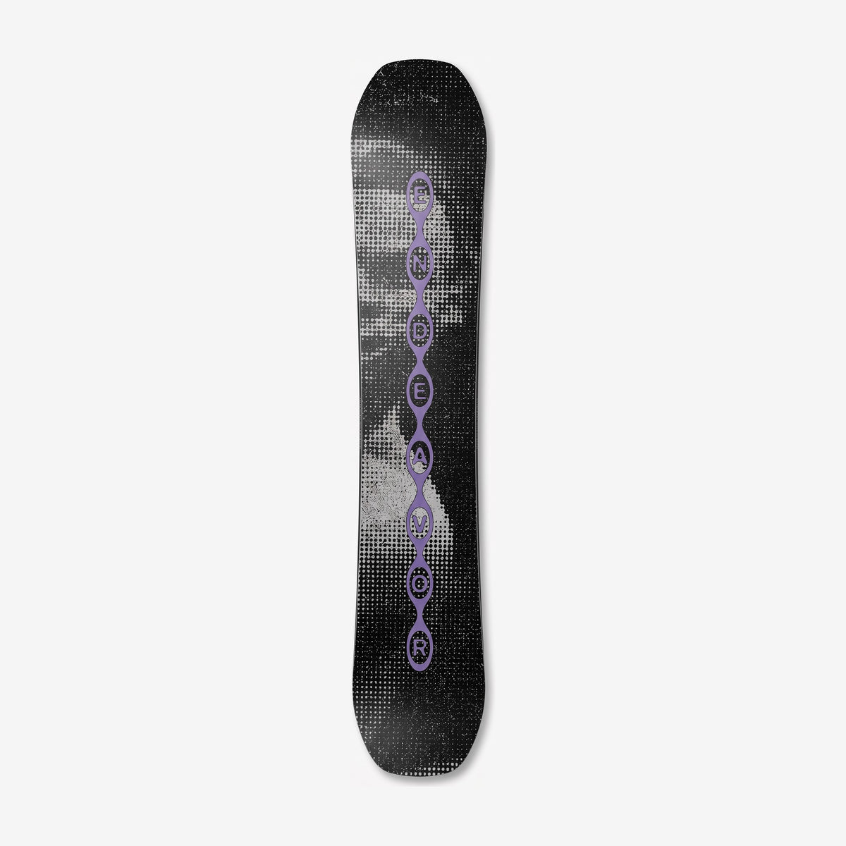 Endeavor Sentinel snowboard, base: black-and-white halftone photograph with a purple ENDEAVOR letter chain