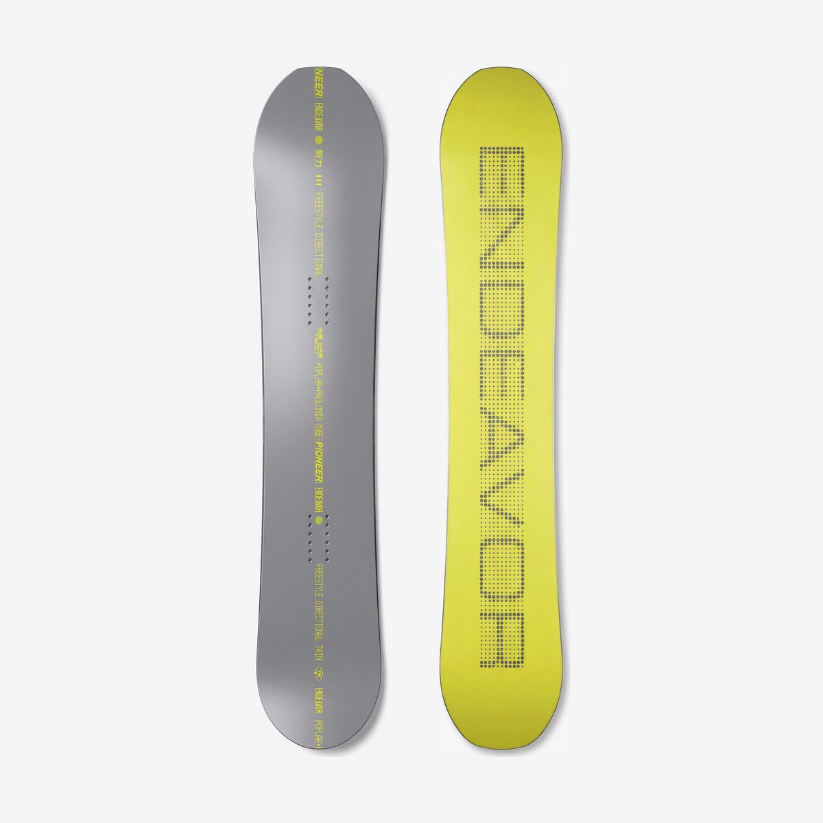 Endeavor Pioneer Womens W27 Snowboard, top and base side by side