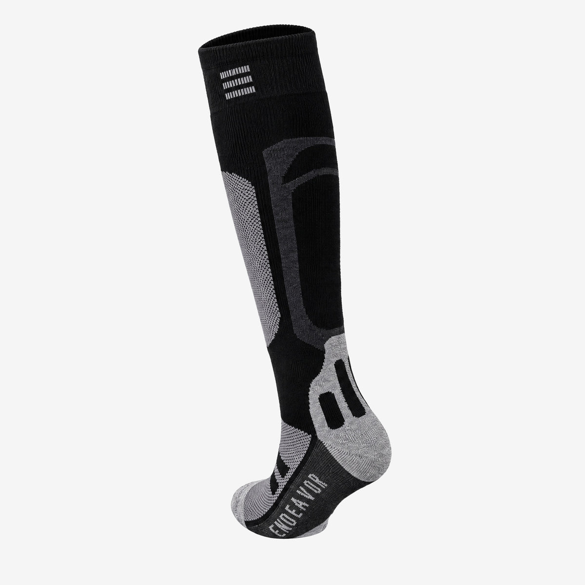 Endeavor Surplus Sock in black, rear three-quarter view with ENDEAVOR along the sole