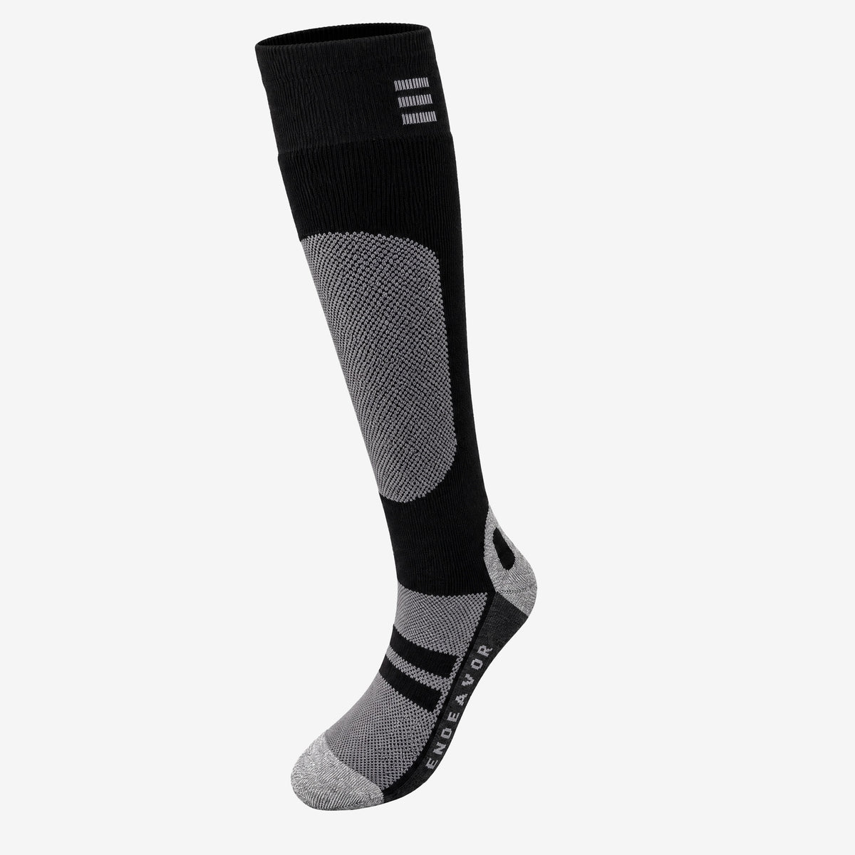 Endeavor Surplus Sock in black, side view with the mesh shin panel and the E mark on the cuff