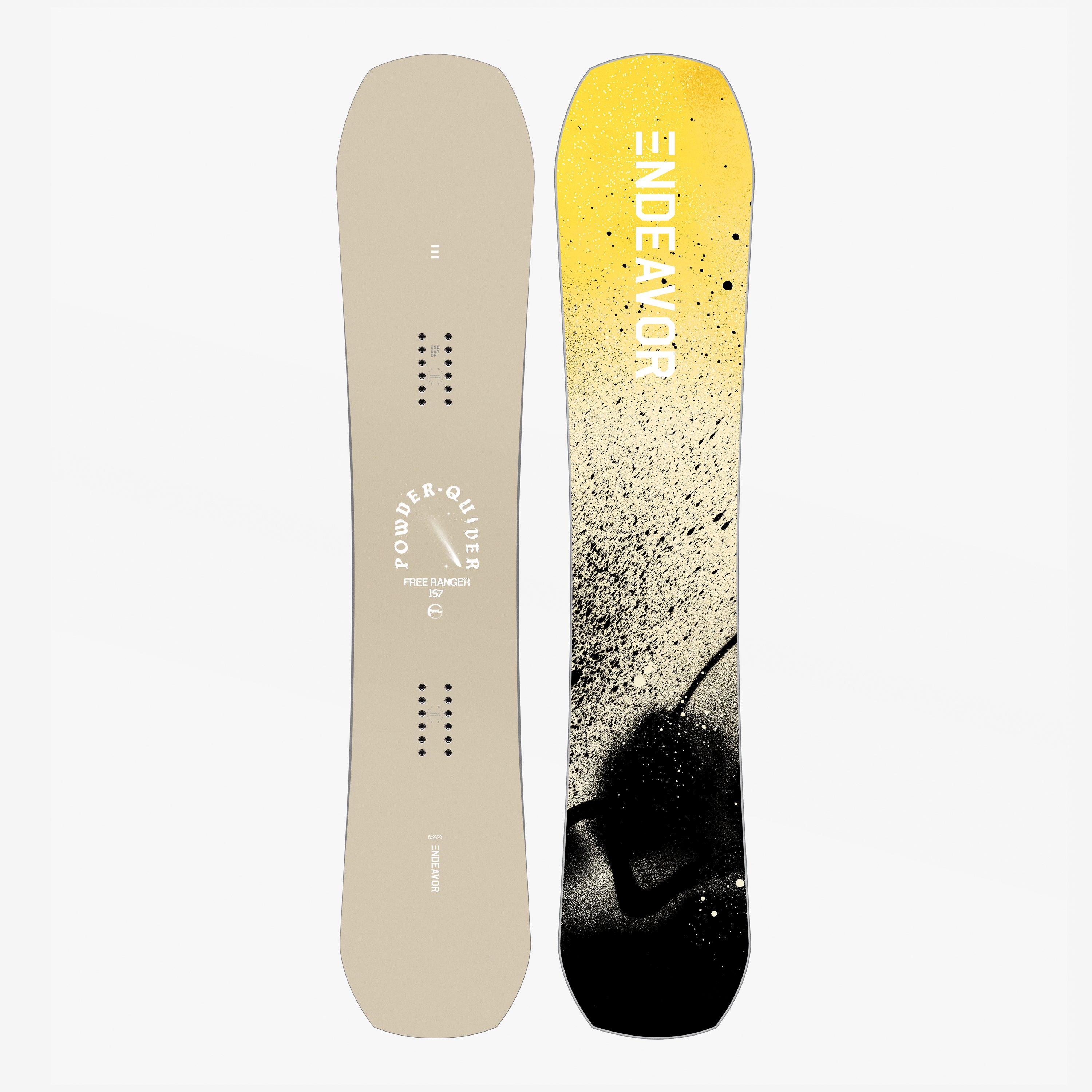 Endeavor Free Ranger Pro Snowboard with wide, lightweight design and bold yellow-to-black gradient base, ideal for carving groomers and powder riding.