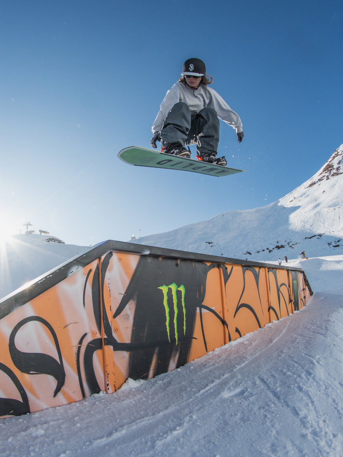 Rider airing a rail in the Sandbox Classic 2.0 Snow Chicago.
