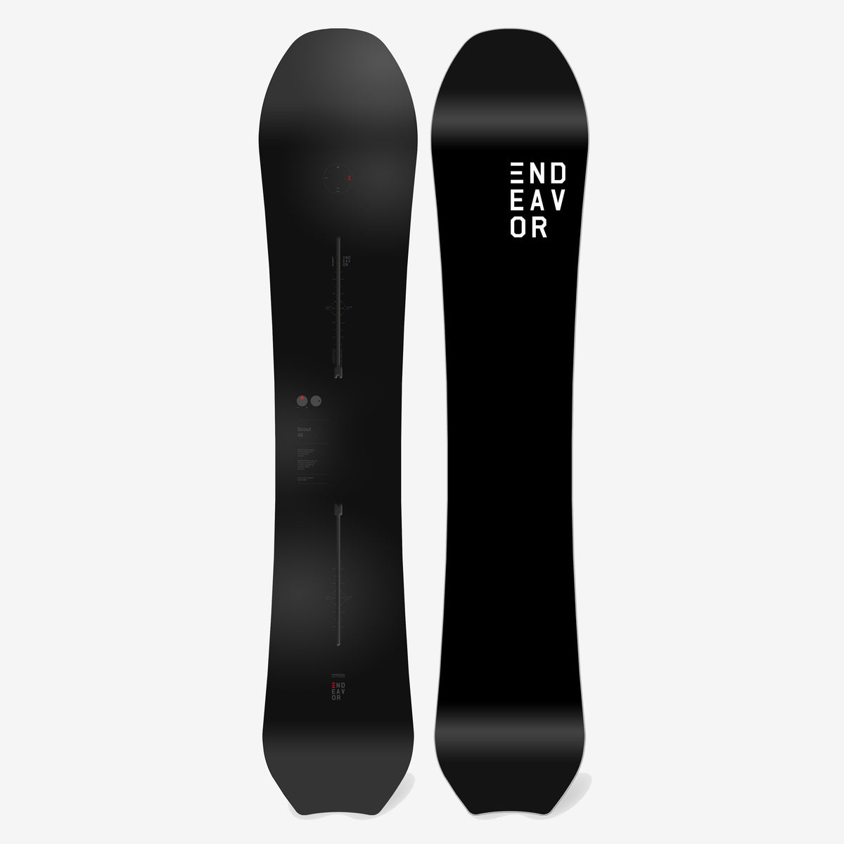 Endeavor Scout Pro Snowboard features a sleek black design with a swallow tail, ideal for freestyle, powder, and all-terrain snowboarding.
