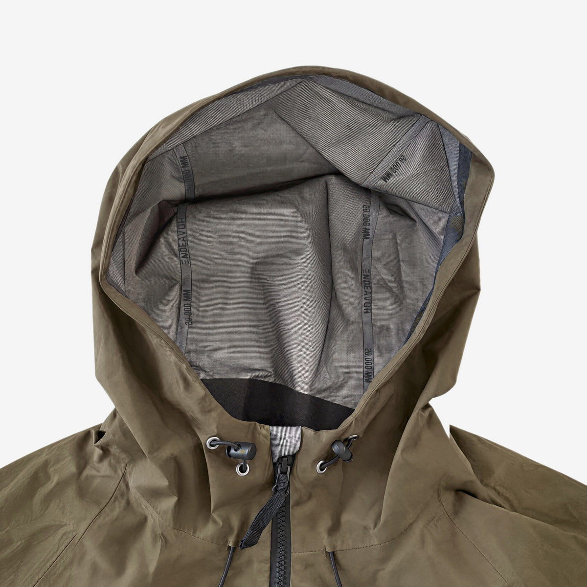 Endeavor 20K Windbreaker in Algae, hood with grey mesh lining and ENDEAVOR / 20,000 MM seam tapes, hood drawcords and front zip