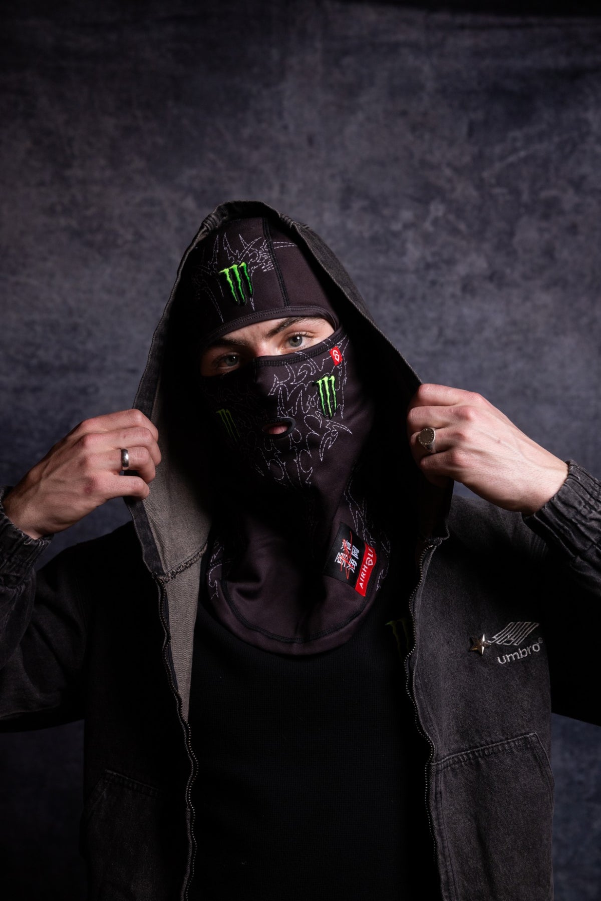 Luca Harrington in an Airhole balaclava, pulling up his hood