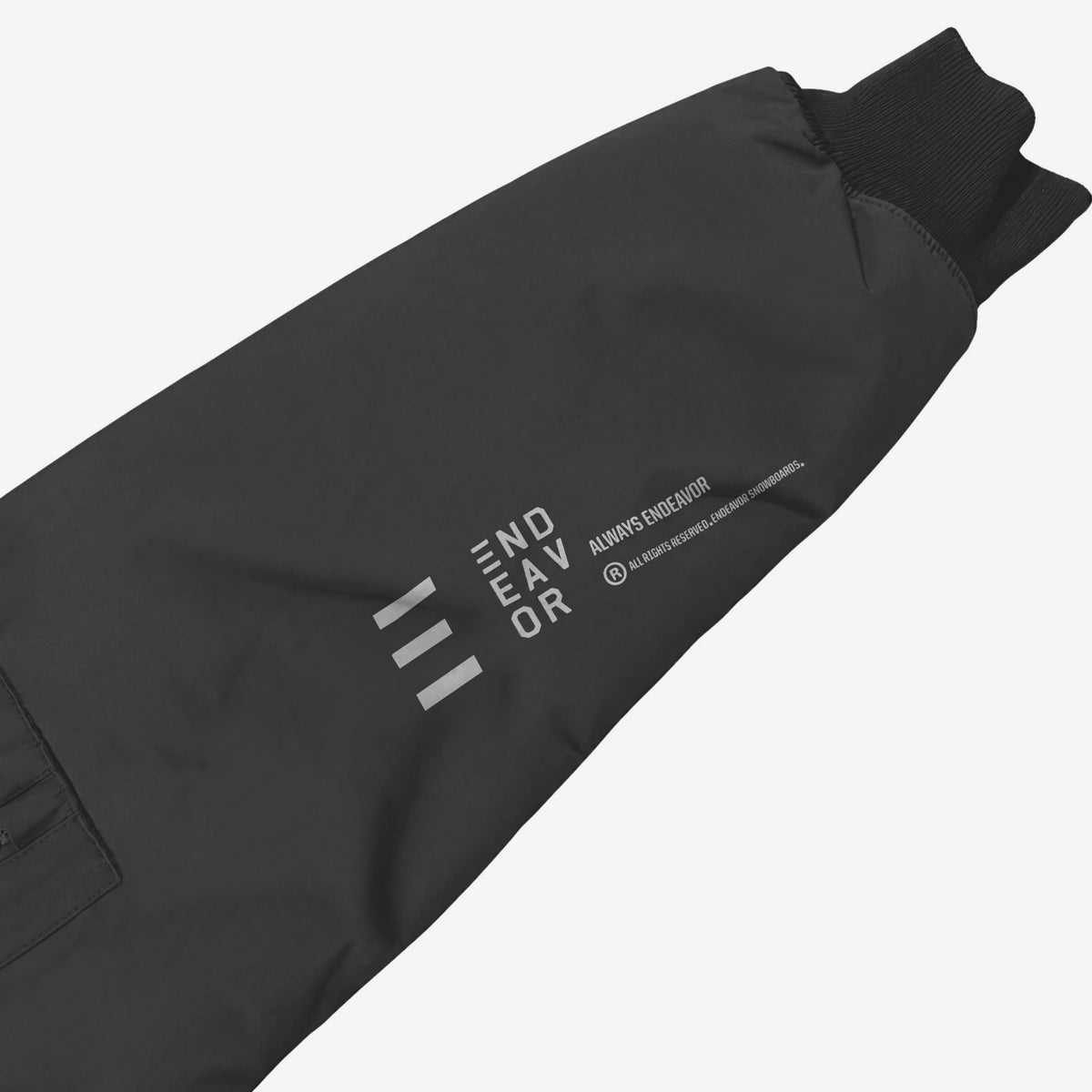 Endeavor 2L Bomber Jacket in Black, END/EAV/OR and ALWAYS ENDEAVOR forearm print and rib-knit cuff