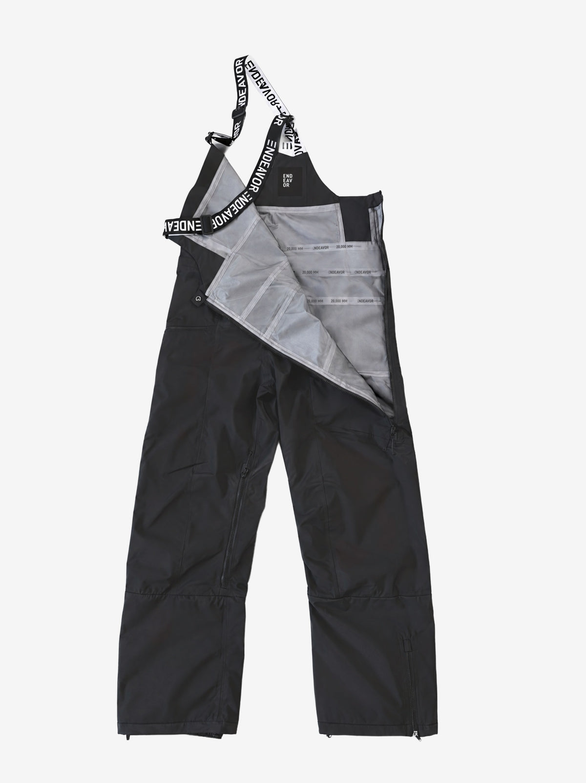 Endeavor 3L Shelter Bib Pant Black, side zip opened to show the taped 3-layer lining and inner label