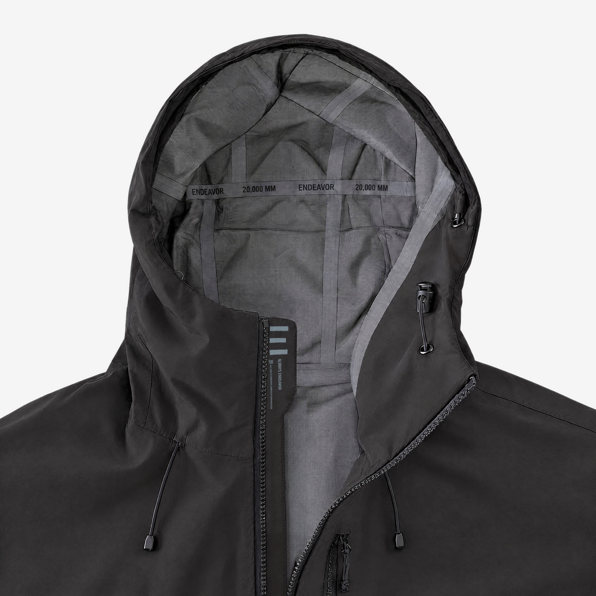 3L Shelter Jacket Black, hood with the zip partly down, taped seams
