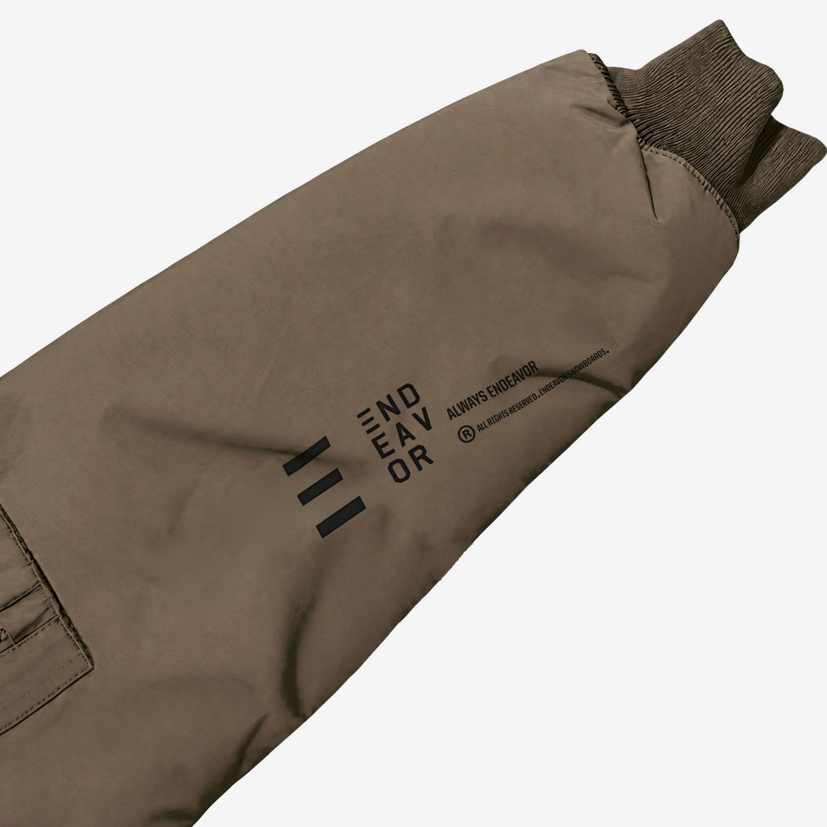 Endeavor 2L Bomber Jacket in Algae, END/EAV/OR and ALWAYS ENDEAVOR forearm print and rib-knit cuff