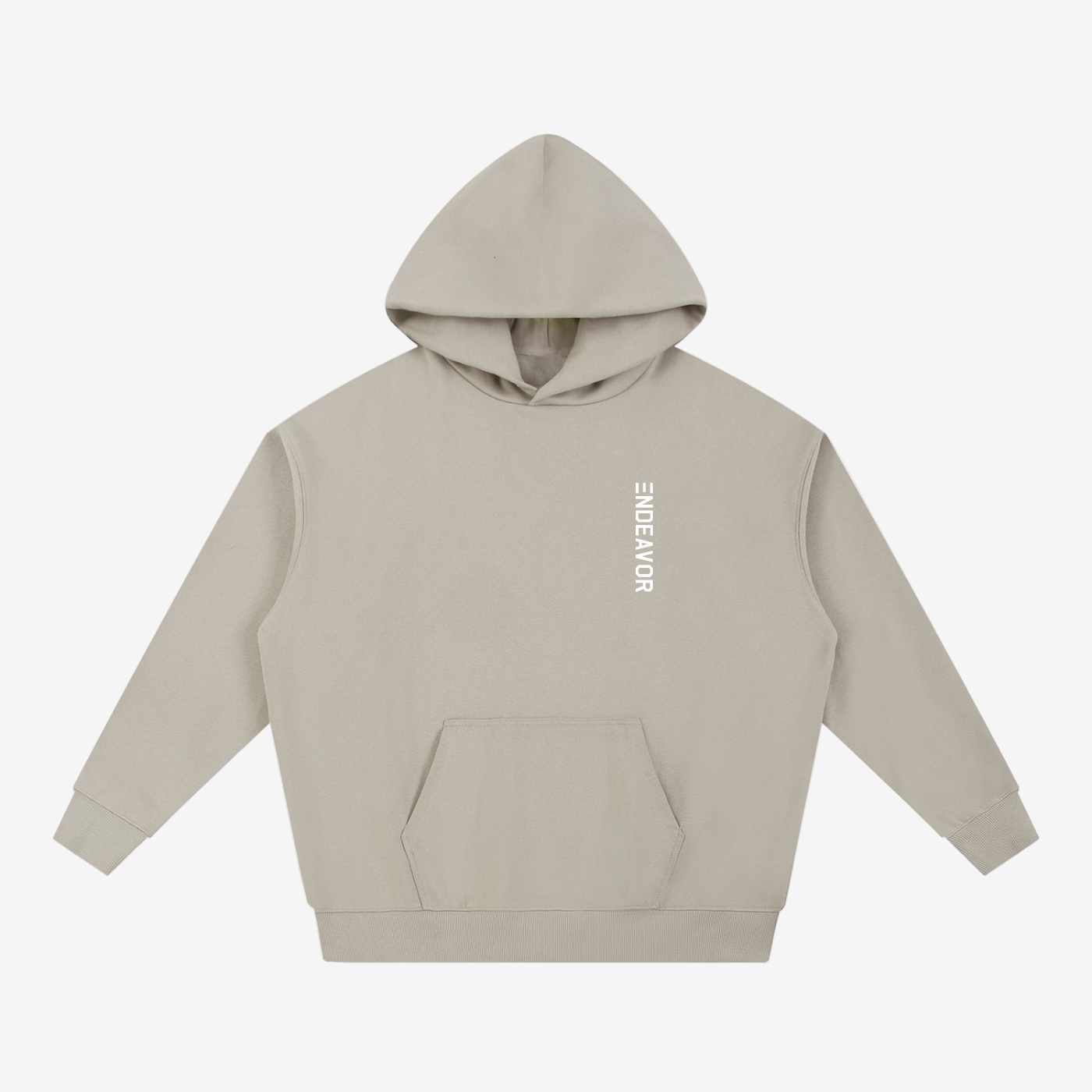 Endeavor Essential Heavyweight Hoodie in Light Gray color with vertical white logo, made from a cotton blend for all-season wear.