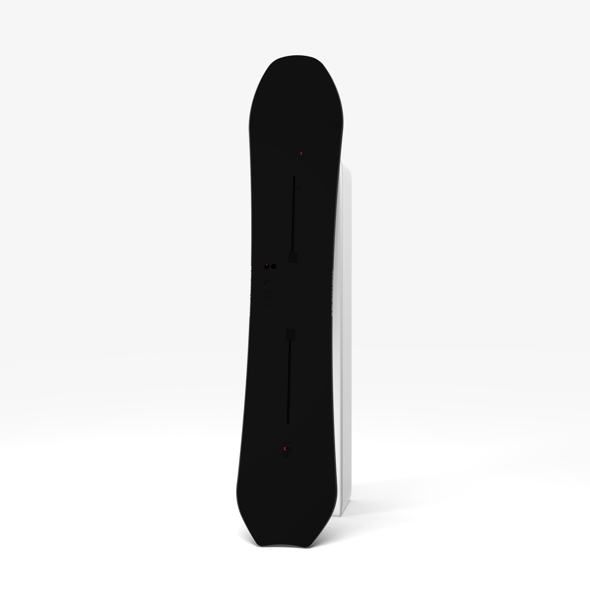Endeavor Scout Pro Snowboard features a sleek black design with a swallow tail, ideal for freestyle, powder, and all-terrain snowboarding.