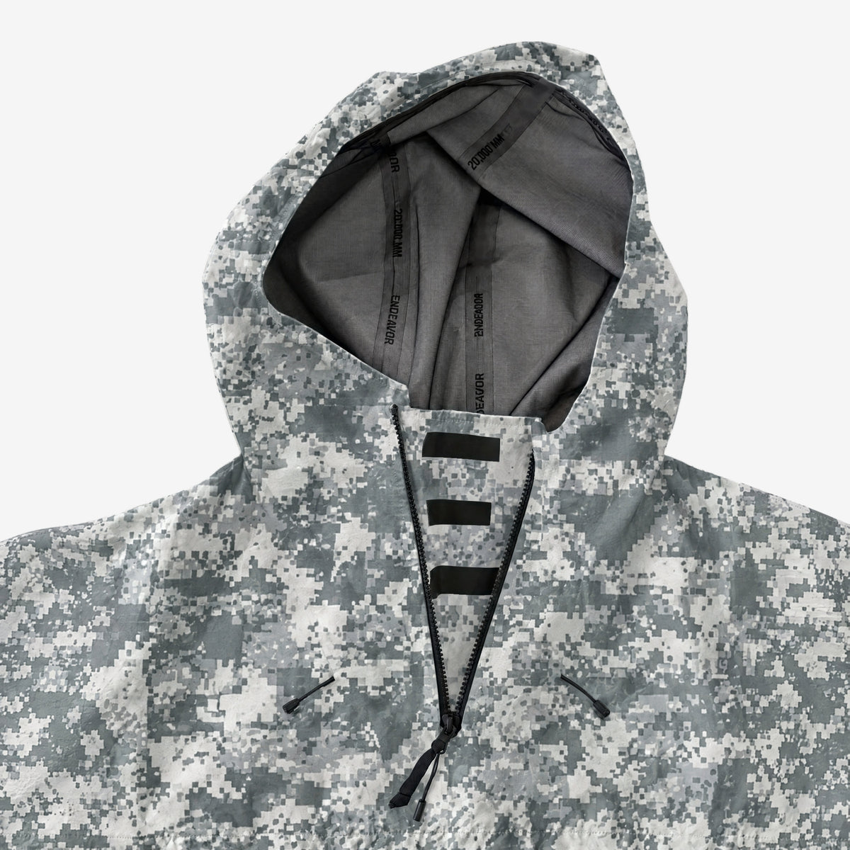 Endeavor 3L Scout Poncho Digi Camo, hood and half-zip detail with seam-taped lining