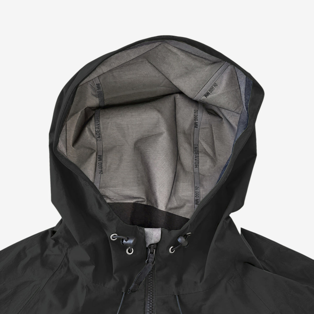 Endeavor 20K Windbreaker in Black, hood with grey mesh lining and ENDEAVOR / 20,000 MM seam tapes, hood drawcords and front zip