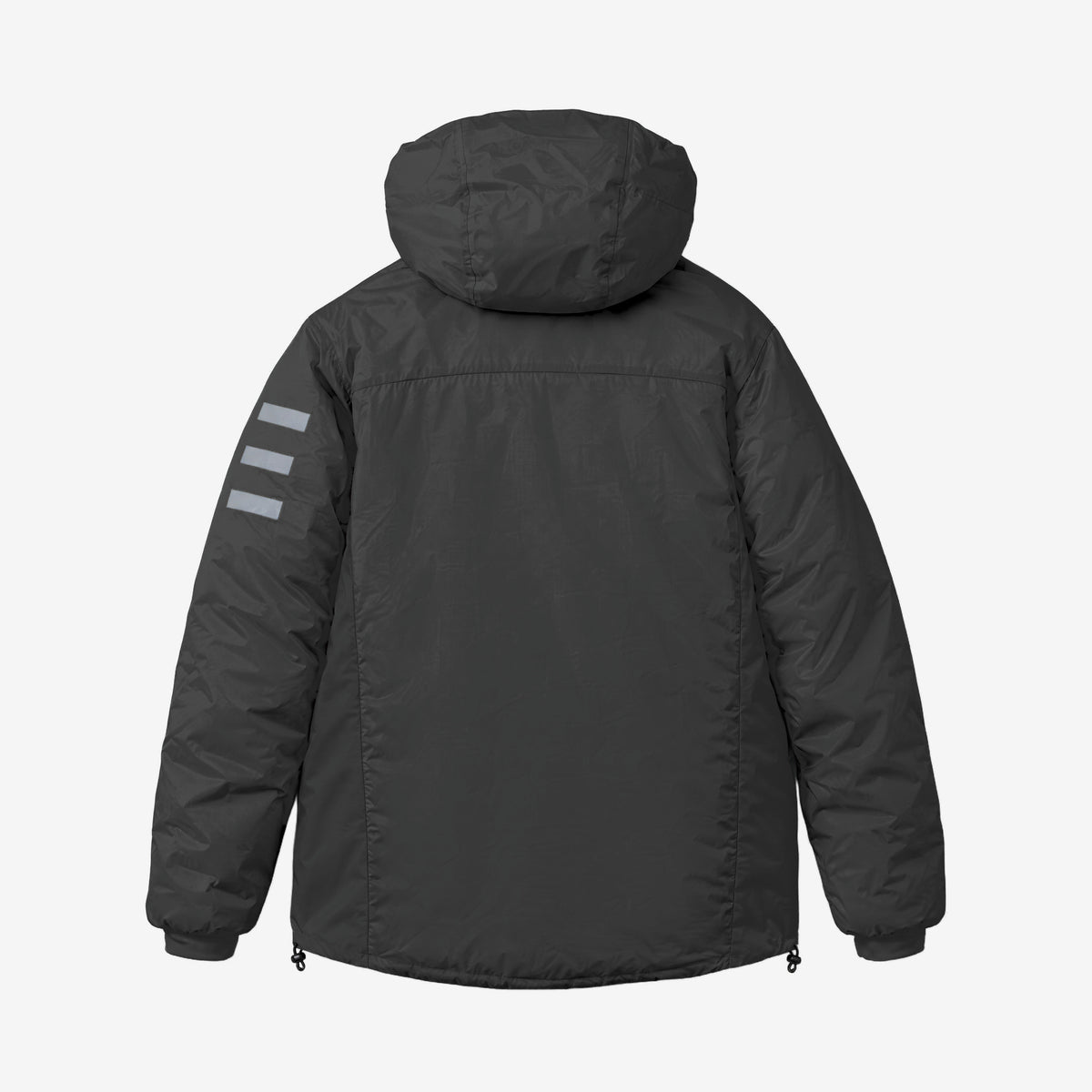 Endeavor Aeroshield Insulated Jacket in Black, back flat lay with screen-printed bars on the left upper arm
