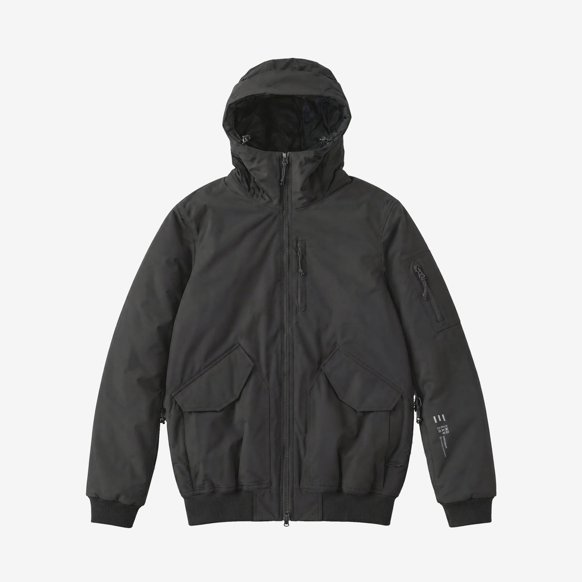 Endeavor 2L Bomber Jacket in Black, front flat lay with the END/EAV/OR print on the left forearm