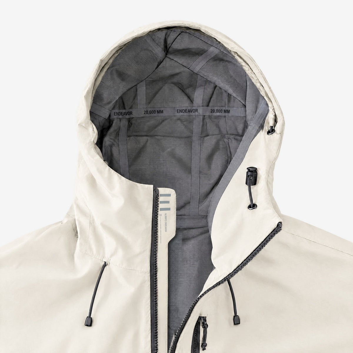 3L Shelter Jacket Fiber, hood with the zip partly down, taped seams