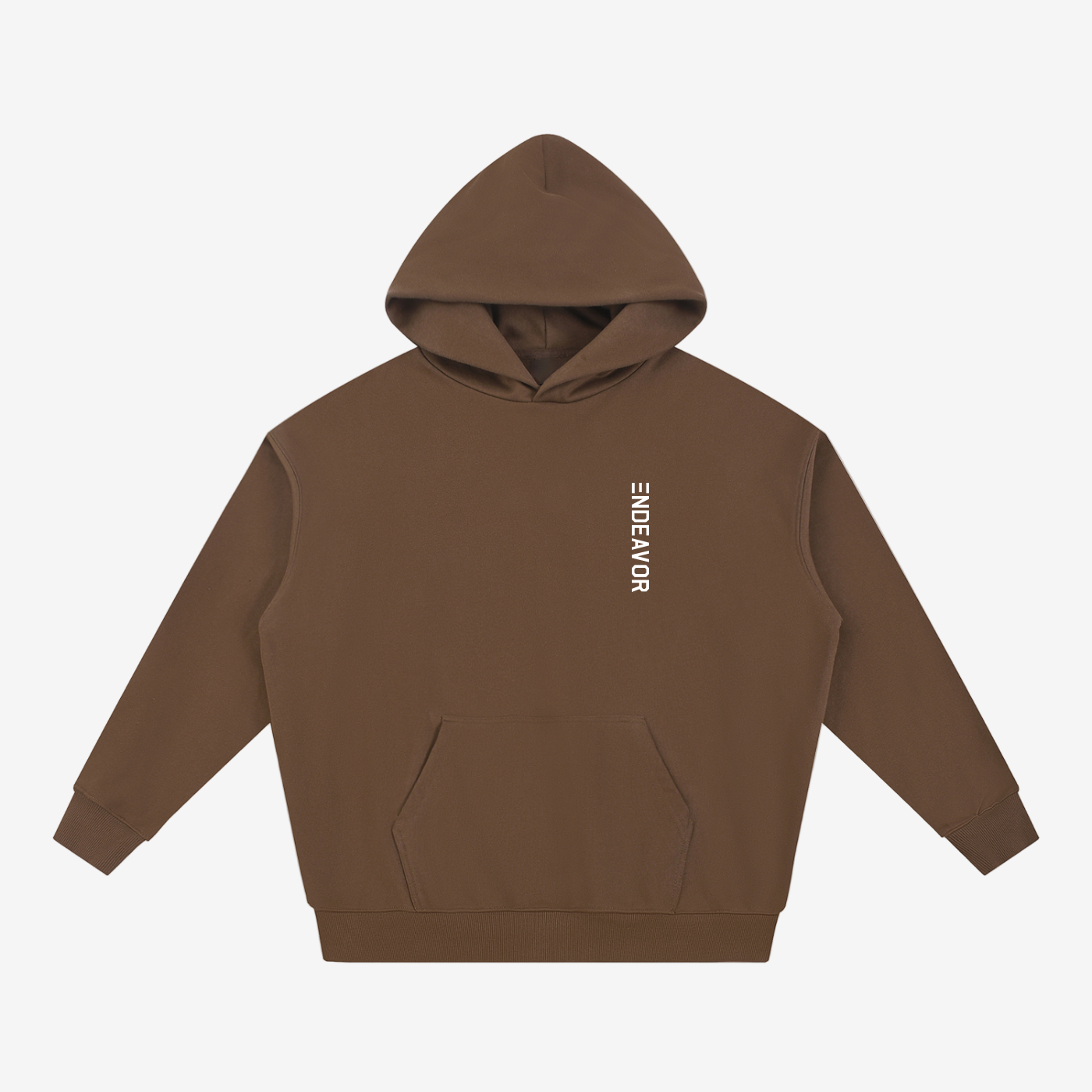 Endeavor Essential Heavyweight Hoodie in Coffee color with vertical white logo, made from a cotton blend for all-season wear.