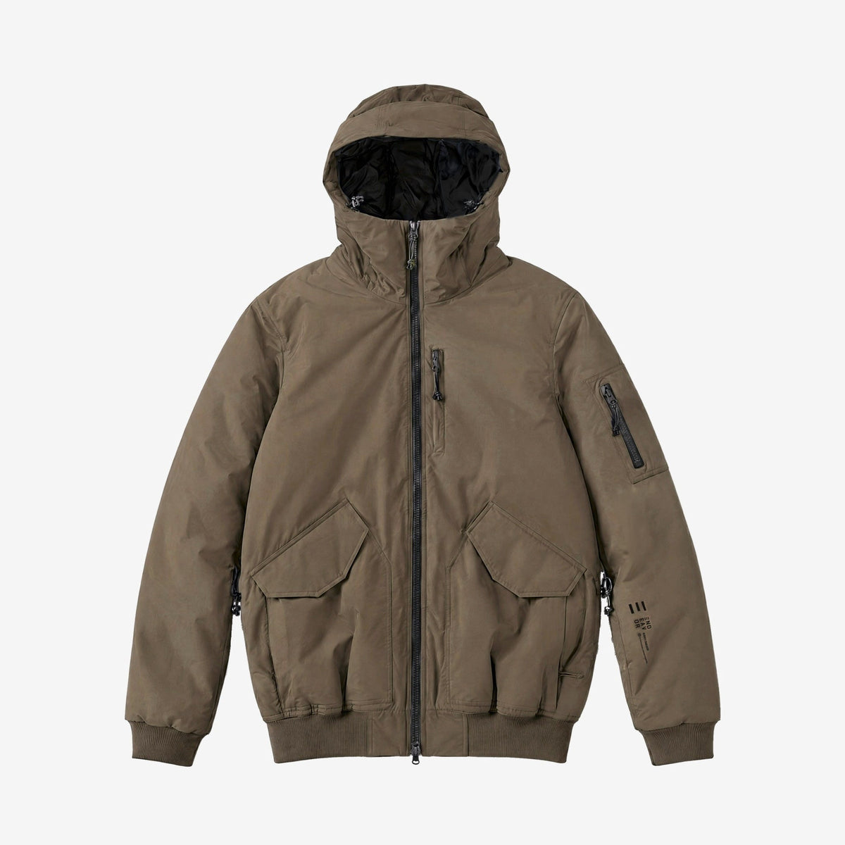 Endeavor 2L Bomber Jacket in Algae, front flat lay with the END/EAV/OR print on the left forearm