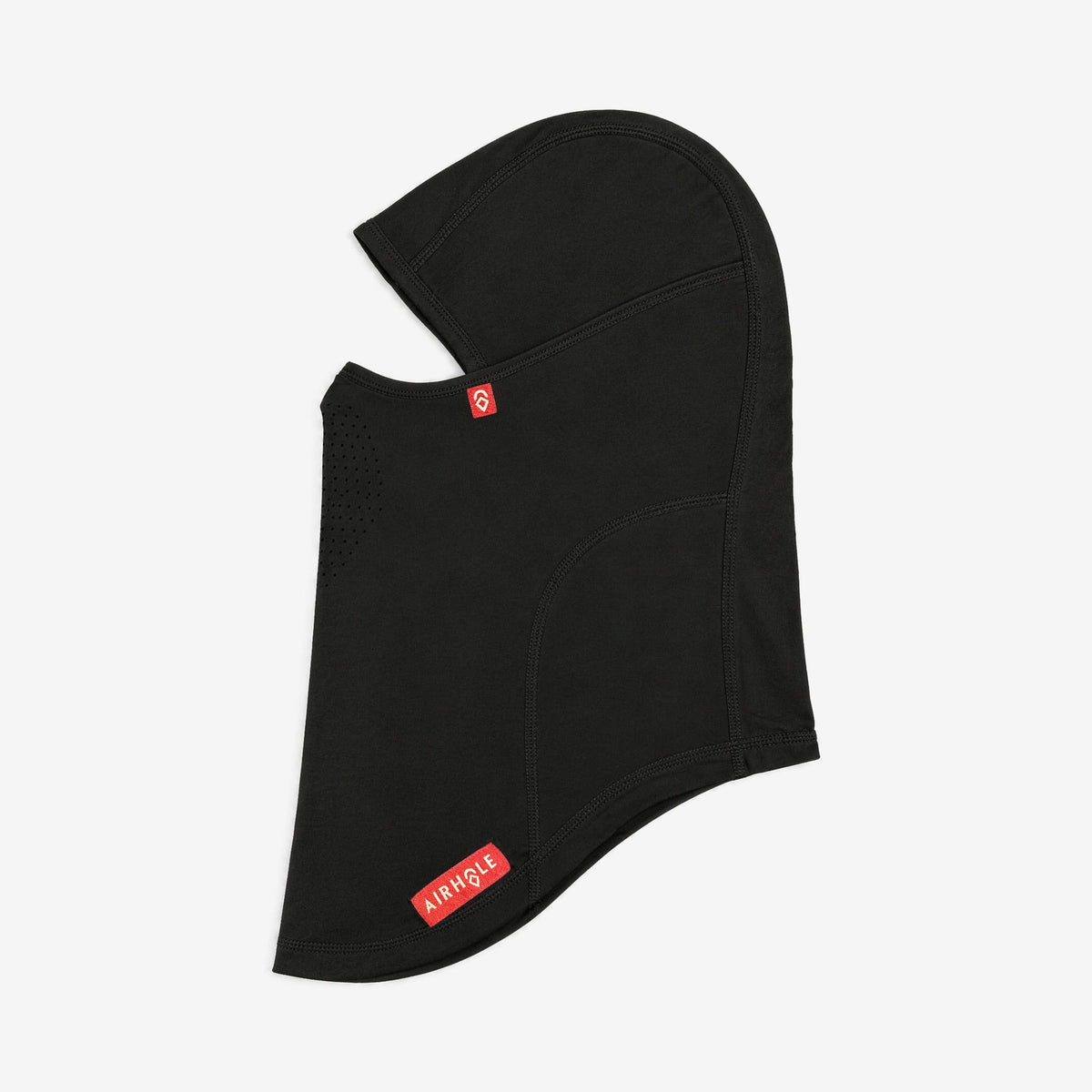 Airhole Laser Drytech Balaclava – Black – Flat lay, labelled side