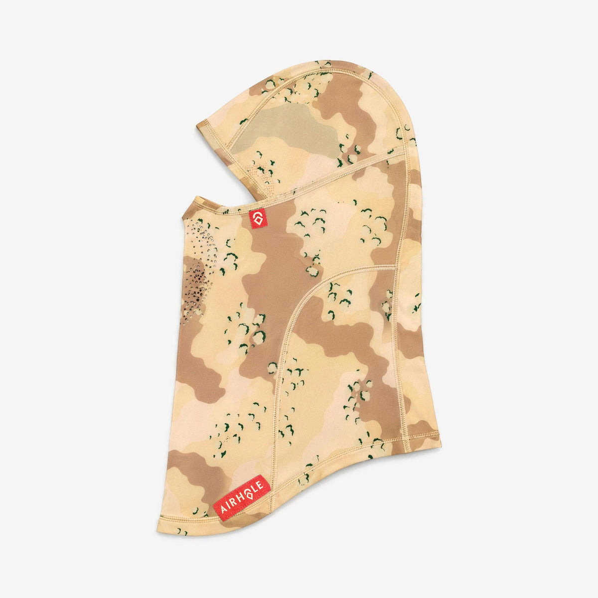 Airhole Laser Drytech Balaclava – Field Camo – Flat lay, labelled side