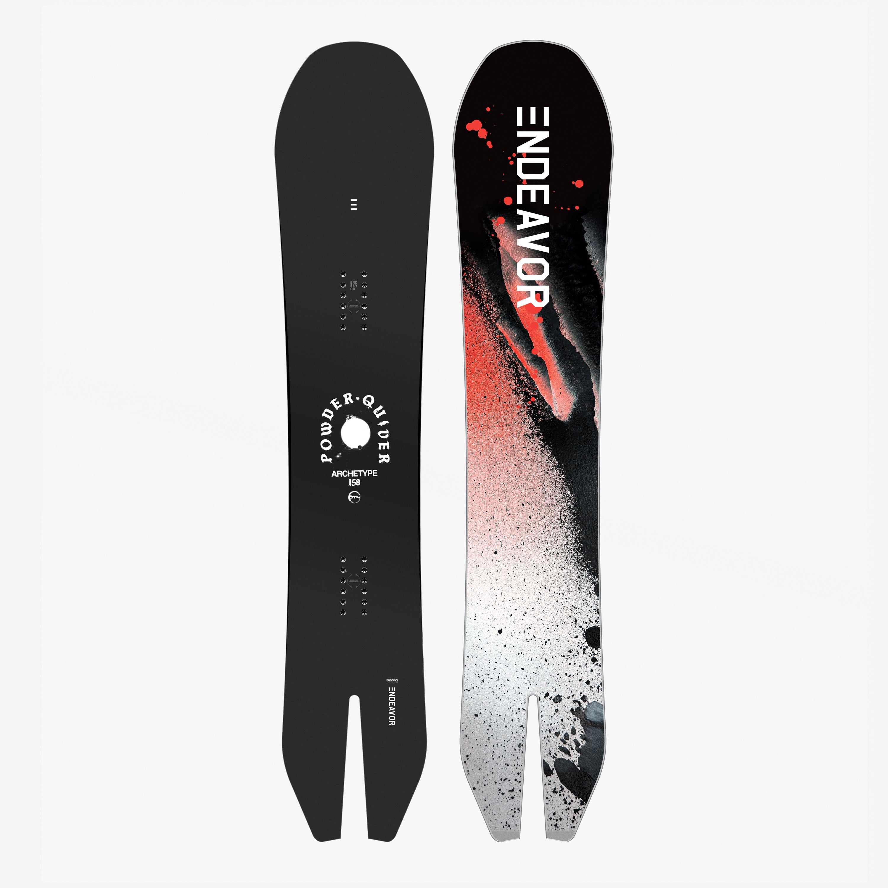Endeavor Archetype Pro Snowboard with swallow tail design, lightweight construction, and bold black-red graphic for versatile powder riding.