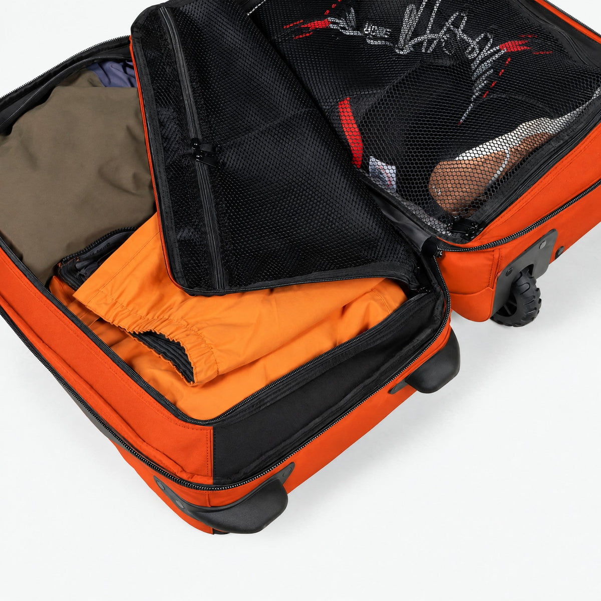 Endeavor Commuter Rolling Bag – Flame – open, packed