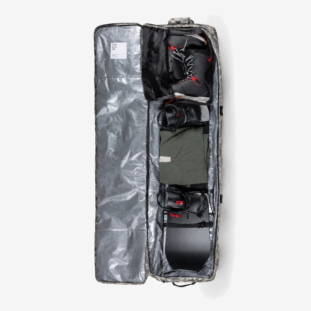 Endeavor Utility Snowboard Bag in Digi Camo, open and packed with board, bindings and boots
