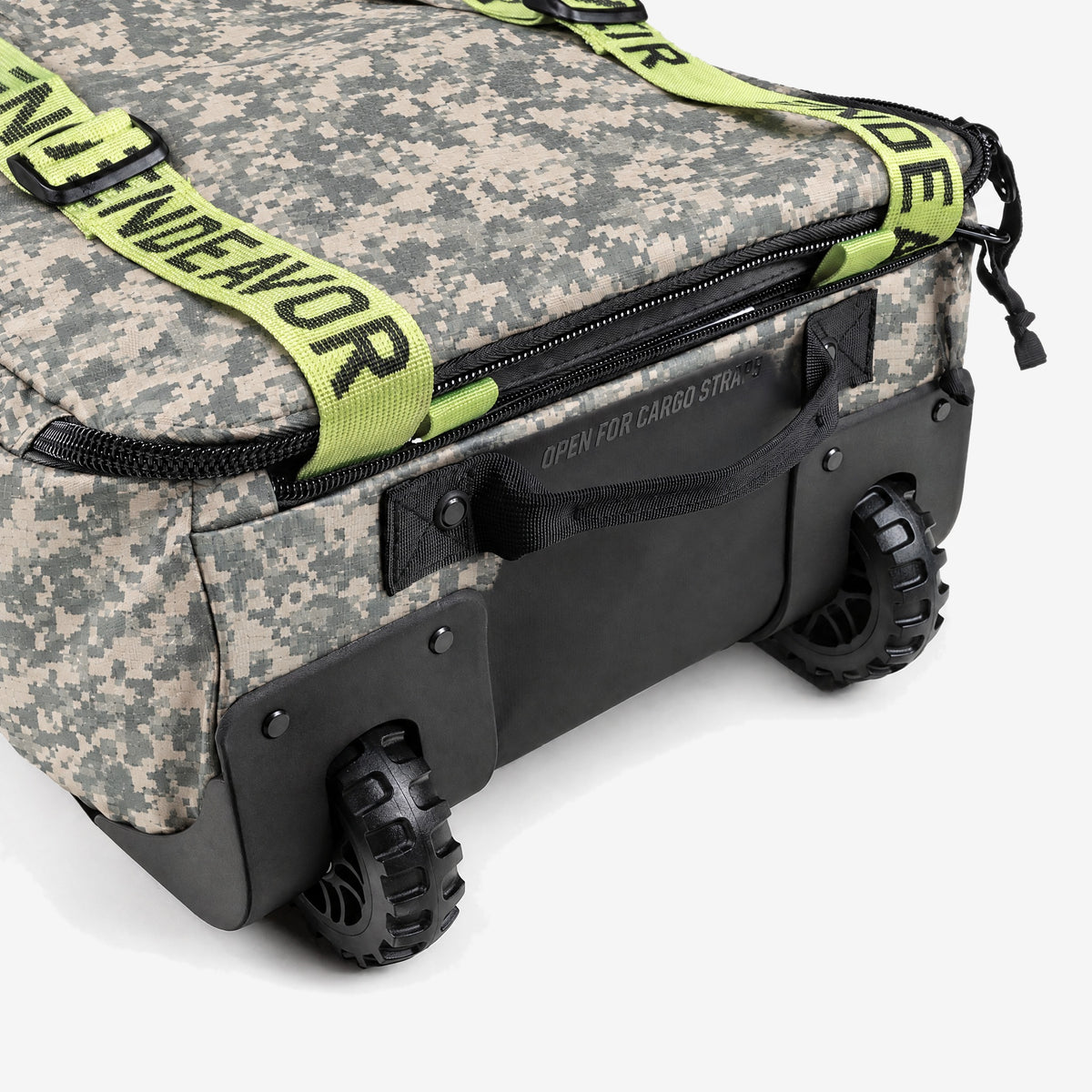 Endeavor Utility Snowboard Bag in Digi Camo, wheel end and ENDEAVOR straps