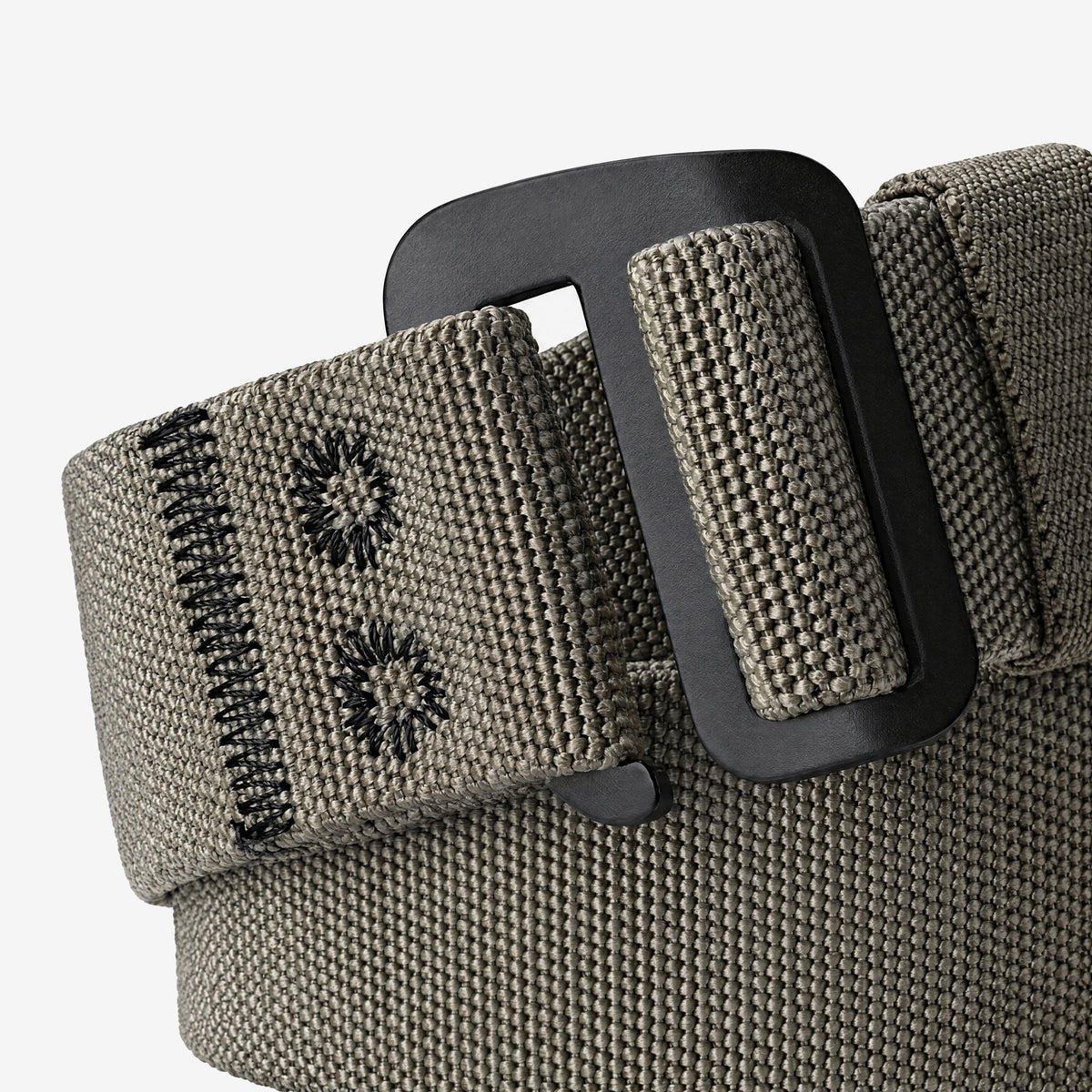 Close-up of the Field Belt hook buckle, keeper loop and bartack stitching