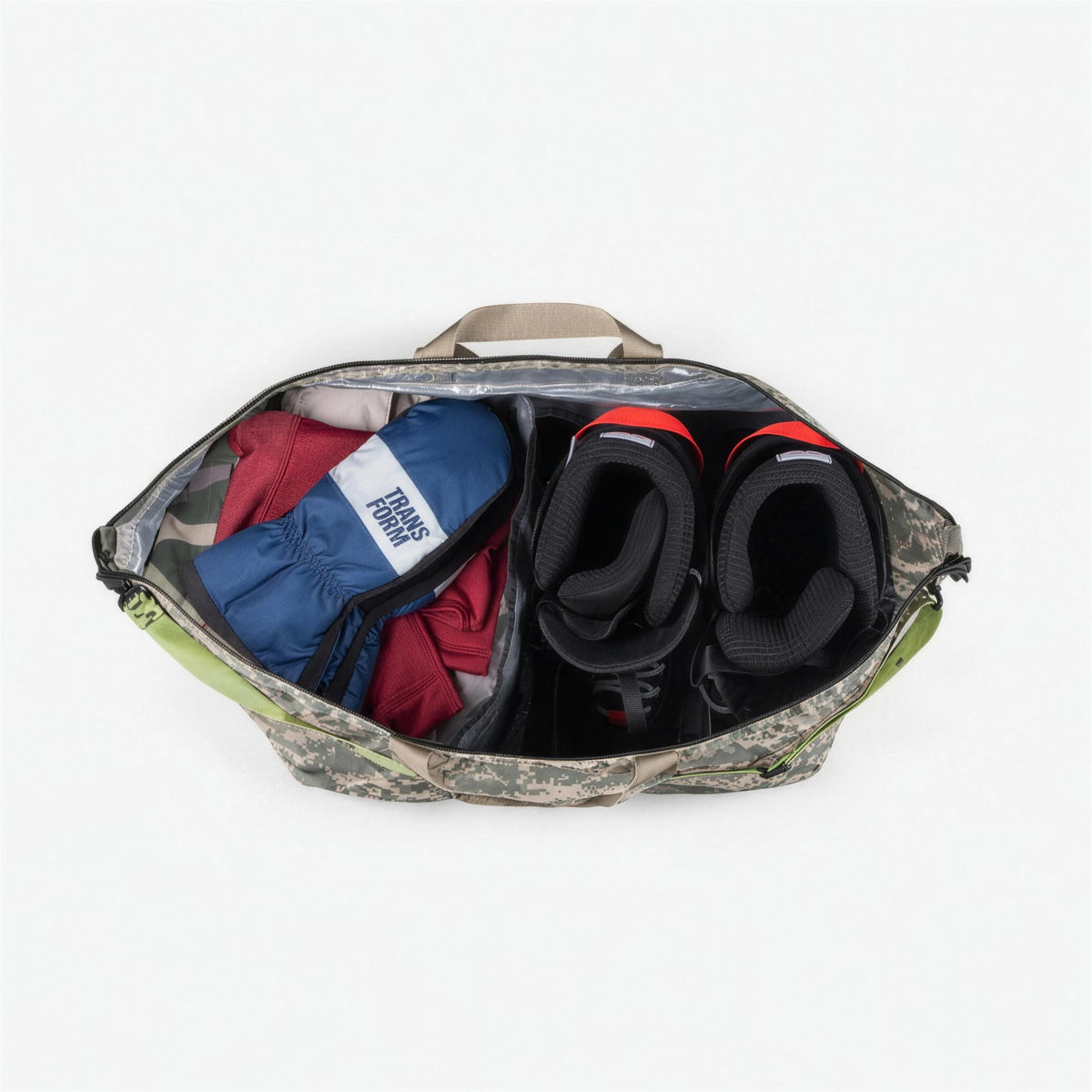 Endeavor Surplus Gear Bag in Digi Camo, open and packed with boots, gloves and outerwear