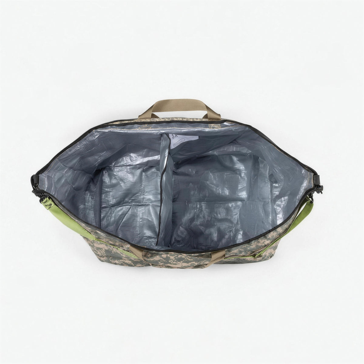 Endeavor Surplus Gear Bag in Digi Camo, open and empty, showing the silver lining and divided compartments